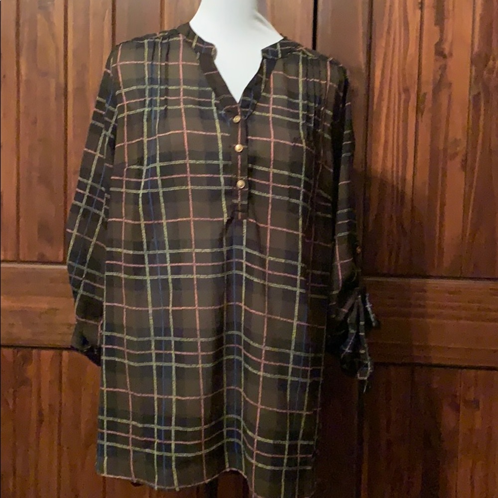 NWT army green plaid blouse with roll tab sleeve